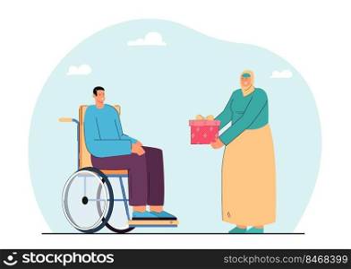 Islamic woman giving present to male person in wheelchair. Man with physical disability receiving gift flat vector illustration. Ramadan, support, disability concept for banner or landing web page