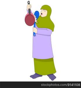 Islamic woman is ringing the wok to mark the time of breaking the fast. vector design illustration art