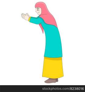 Islamic woman showing the gesture of shaking hands with the month of Ramadan. vector design illustration art