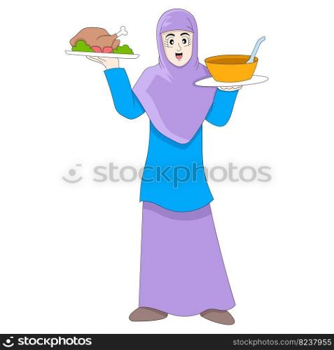 Islamic women are bringing food and drinks to serve iftar. vector design illustration art