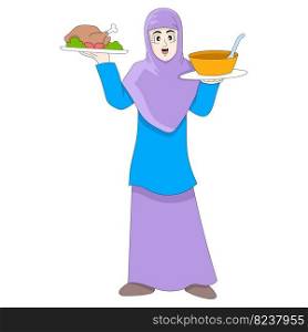Islamic women are bringing food and drinks to serve iftar. vector design illustration art