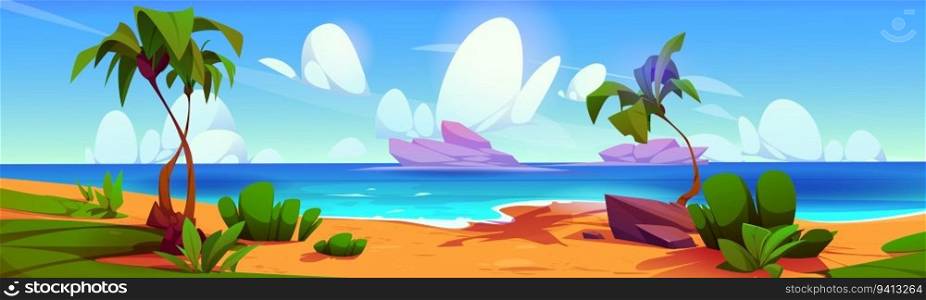 Island beach game landscape summer vector paradise. Tropical vacation time location with palm tree, sea water and sand shore. Caribbean wild ocean coast environment to explore cartoon illustration. Island beach game landscape summer vector paradise