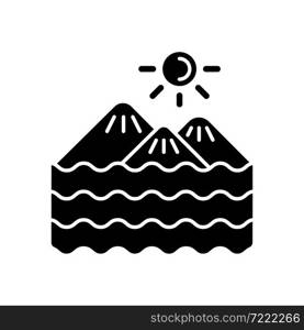 Island black glyph icon. Land surrounded by water. Ground piece in sea and ocean. Land formation in water area. Islet, skerry and cay. Silhouette symbol on white space. Vector isolated illustration. Island black glyph icon