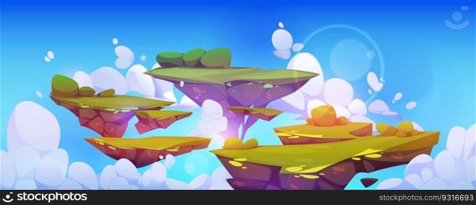 Island floating in sky fantasy game background. Magic landscape with flying land environment for ui videogame design. heaven dream paradise scenery with lawn platform level or fight grass arena. Island floating in sky fantasy game background