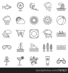 Island life icons set. Outline set of 25 island life vector icons for web isolated on white background. Island life icons set, outline style