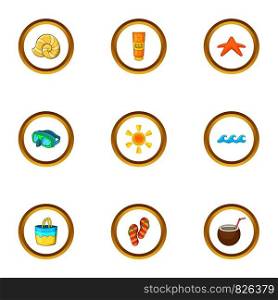 Island party icons set. cartoon style set of 9 island party vector icons for web design. Island party icons set, cartoon style