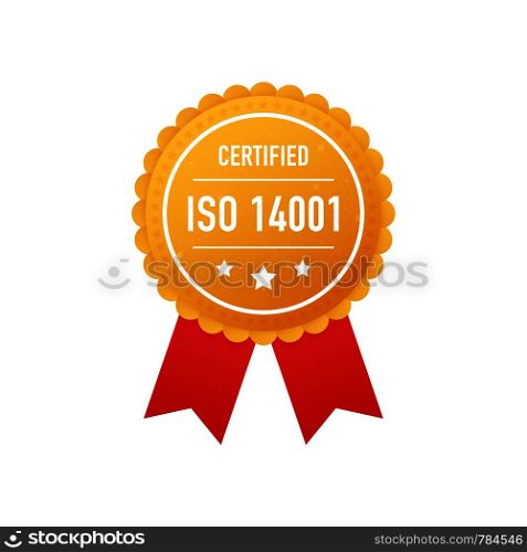 ISO 14001 certified golden label on white background. Vector stock illustration.