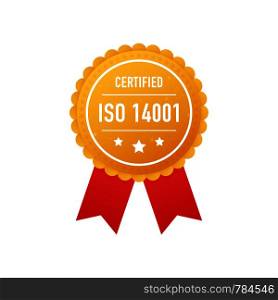 ISO 14001 certified golden label on white background. Vector stock illustration.