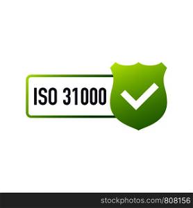 ISO 31000 Certified badge, icon. Certification stamp. Flat design. Vector stock illustration.