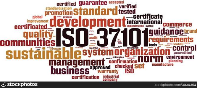 ISO 37101 word cloud concept. Vector illustration