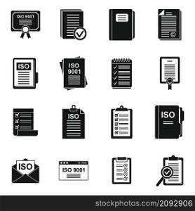Iso standard icons set simple vector. Certified quality. Certificate document. Iso standard icons set simple vector. Certified quality