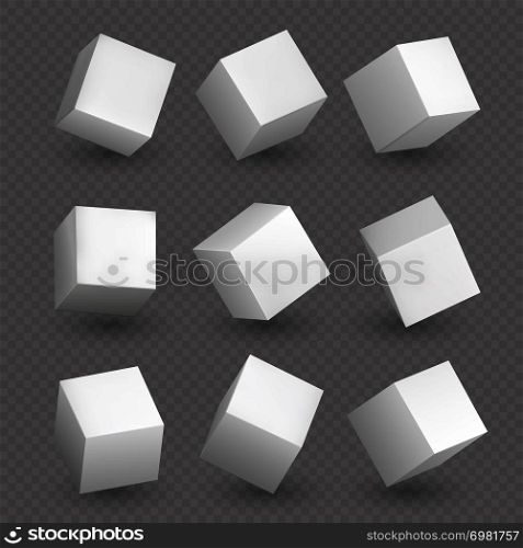 Isolated 3d cubics. White geometric cubes or block box shapes with shadows vector set. Isolated 3d cubics. White cubes or box shapes with shadows vector set
