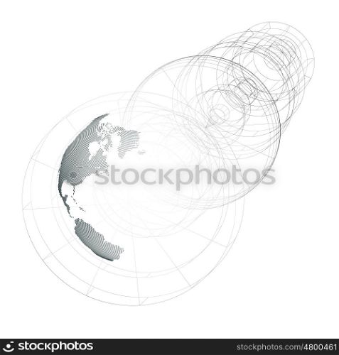 Isolated 3D dotted world globe with abstract construction, connecting lines on white background. Vector design, structure, shape, form, orbit, space station. Scientific research. Science, technology concept