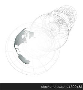 Isolated 3D dotted world globe with abstract construction, connecting lines on white background. Vector design, structure, shape, form, orbit, space station. Scientific research. Science, technology concept