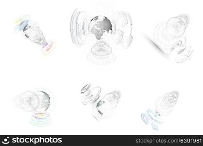 Isolated 3D dotted world globes with abstract construction, connecting lines on white background. Vector design, structure, shape, form, space station. Scientific research. Science, technology concept. Isolated 3D dotted world globes, abstract construction, connecting lines on white background. Vector design, structure, shape, form, space station. Scientific research. Science, technology concept