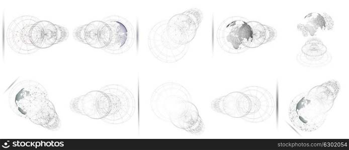 Isolated 3D dotted world globes with abstract construction, connecting lines on white background. Vector design, structure, shape, form, space station. Scientific research. Science, technology concept. Isolated 3D dotted world globes, abstract construction, connecting lines on white background. Vector design, structure, shape, form, space station. Scientific research. Science, technology concept
