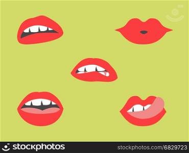 isolated 5 sexy lips on green background