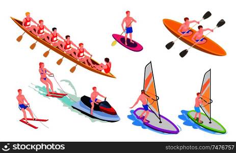 Isolated and isometric water sports icon set with diving windsurfing canoeing rowing snorkeling vector illustration
