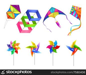Isolated and realistic kite wind mill toy icon set with toys in different sizes flying in the sky vector illustration
