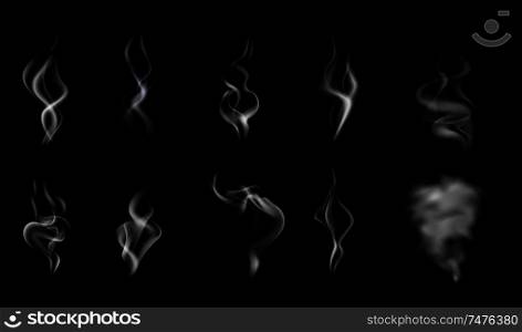 Isolated and realistic steam smoke icon set white and translucent on black background vector illustration