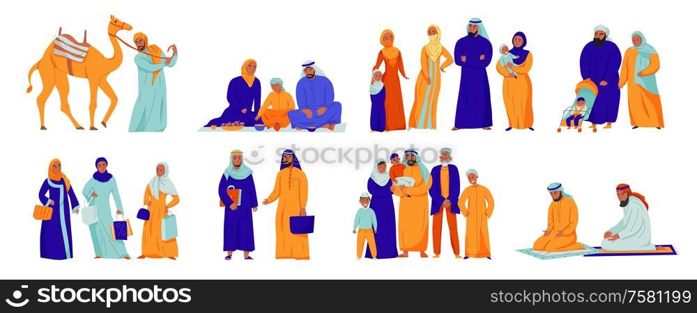Isolated arabs icon set with different situation arabs family and islam traditions vector illustration