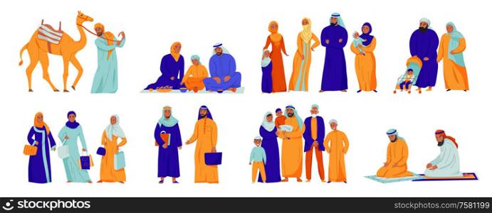 Isolated arabs icon set with different situation arabs family and islam traditions vector illustration