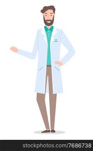Isolated at white cartoon character. Doctor man or surgeon wearing medical gown. Handsome bearded therapist gesturing hand. Healthcare, medical concept. Physician or medical specialist in flat style. Doctor, physycian or surgeon wearing medical gown, handsome bearded medical worker, flat style