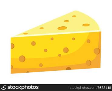 Isolated at white dairy product. Triangular yellow piece of cheese ingredient for culinary, sandwiches, pizza. Delicious food, snack. Cheddar, maasdam, parmesan product for breakfast. Gourmet meal. Triangular yellow piece of cheese ingredient for culinary, sandwiches, pizza, dairy product
