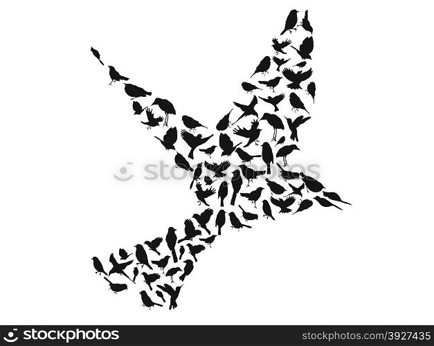 isolated birds silhouettes group in big birds shape from white background