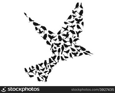 isolated birds silhouettes group in big birds shape from white background