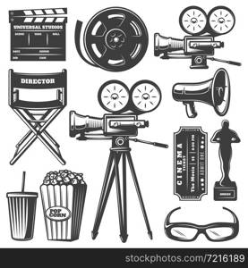 Isolated black and white drawn cinema elements including camera filmstrip megaphone and popcorn on blank background vector illustration. Cinema Monochrome Elements Set
