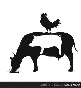isolated black and white farm animals pig cow chicken silhouette symbol on white background. black and white farm animals pig cow chicken silhouette symbol
