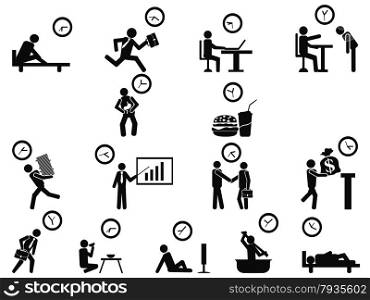 isolated black businessman time management concept icons set from white background