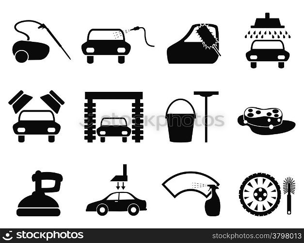 isolated black car washing icons set from white background