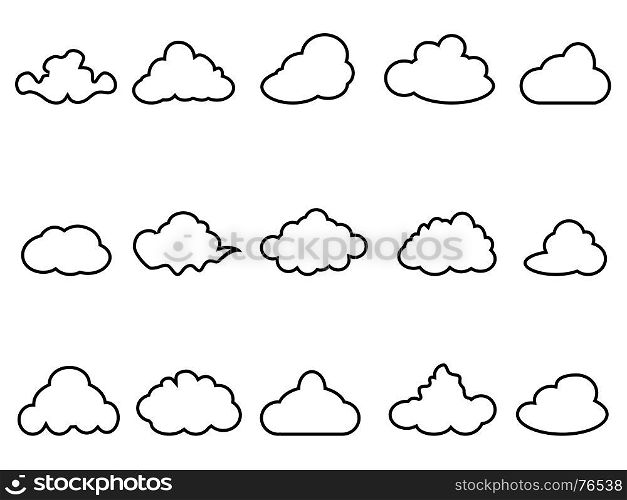 isolated black cloud outline icons set from white background