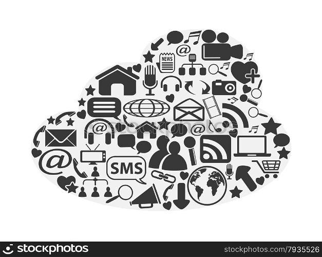 isolated black cloud social media icons set on white background