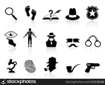 isolated black detective icons set on white background