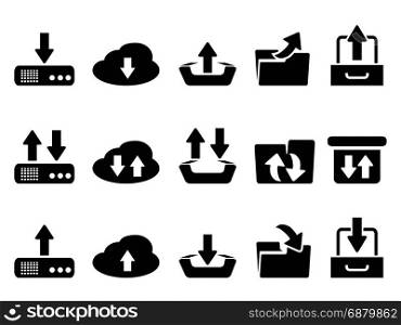 isolated black download and upload icons set from white background