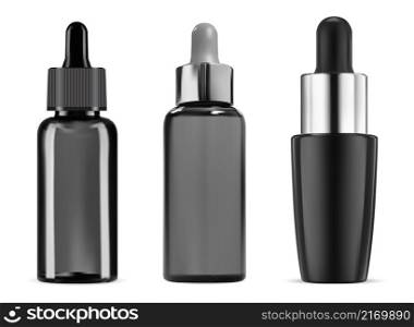 Isolated black dropper bottle. Cosmetic oil bottle mockup. Luxury glass serum bottle with pipette. eye drop container for aroma essence. Realistic collagen eyedropper vial blank. Isolated black dropper bottle, cosmetic oil, serum