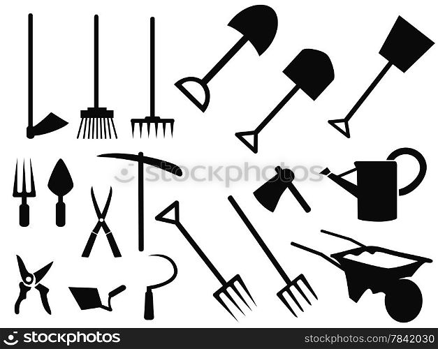 isolated black gardening tools Silhouettes from white background