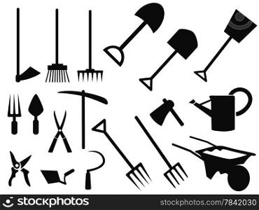 isolated black gardening tools Silhouettes from white background