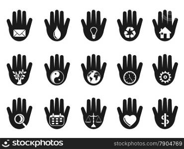 isolated black hand with icons set on white background