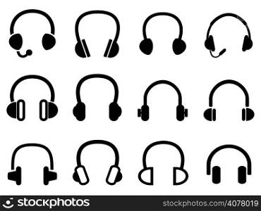 isolated black headphone headset icons from white background