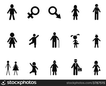 isolated black male female stick figure icons set from white background