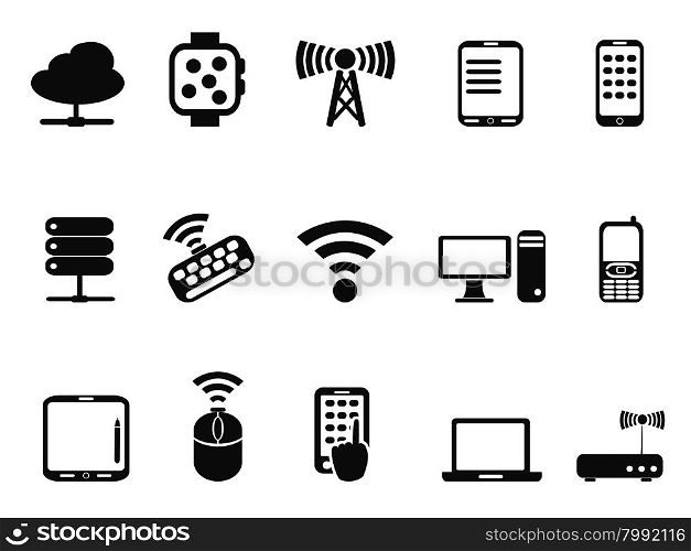 isolated black mobile computer device network icons on white background