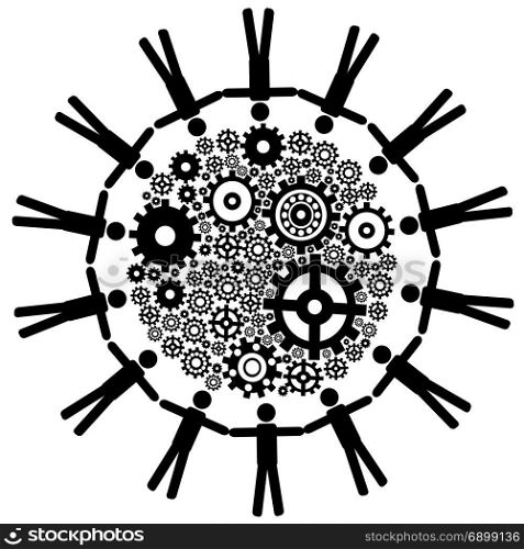isolated black people around gears from white background
