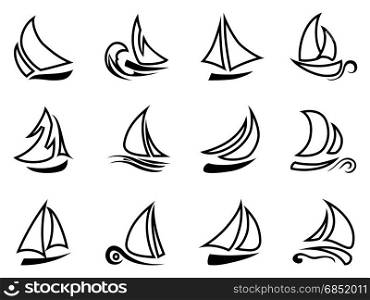 isolated black sailboat outline icons from white background