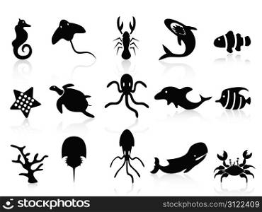 isolated black sea life icons set on white background