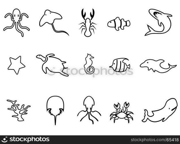 isolated black sea life linear icon set from white background