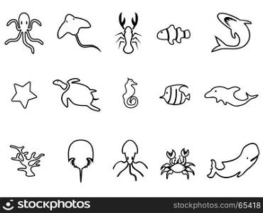isolated black sea life linear icon set from white background